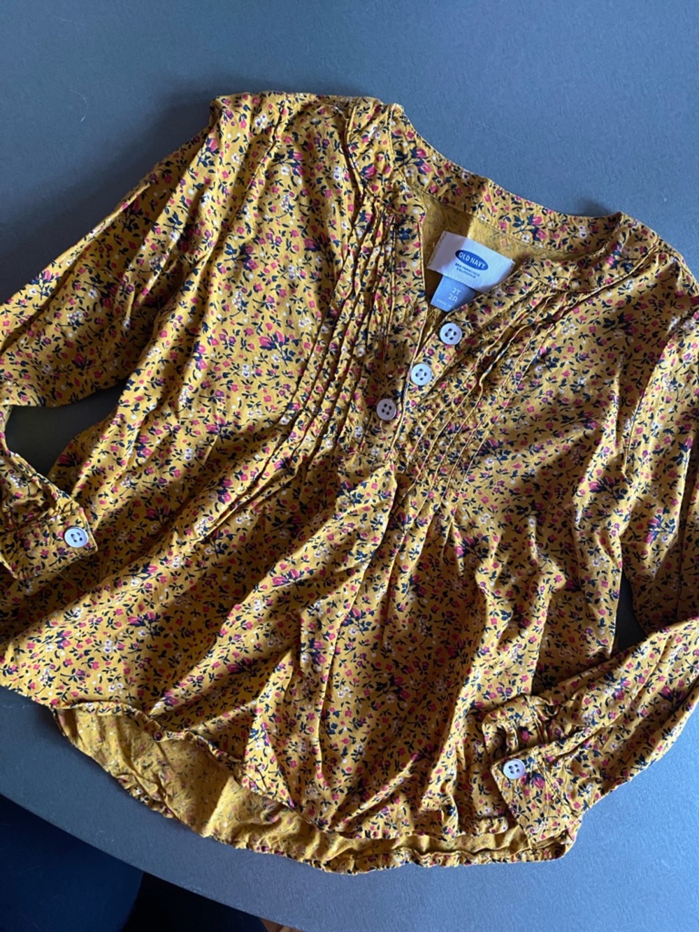 Old Navy Mustard Floral Pintuck Blouse with Buttons